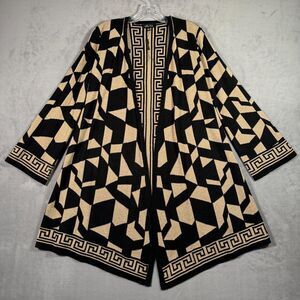 Melissa Paige Cardigan Sweater S Gold‎ Black Geometric Open Front Asymmetrical